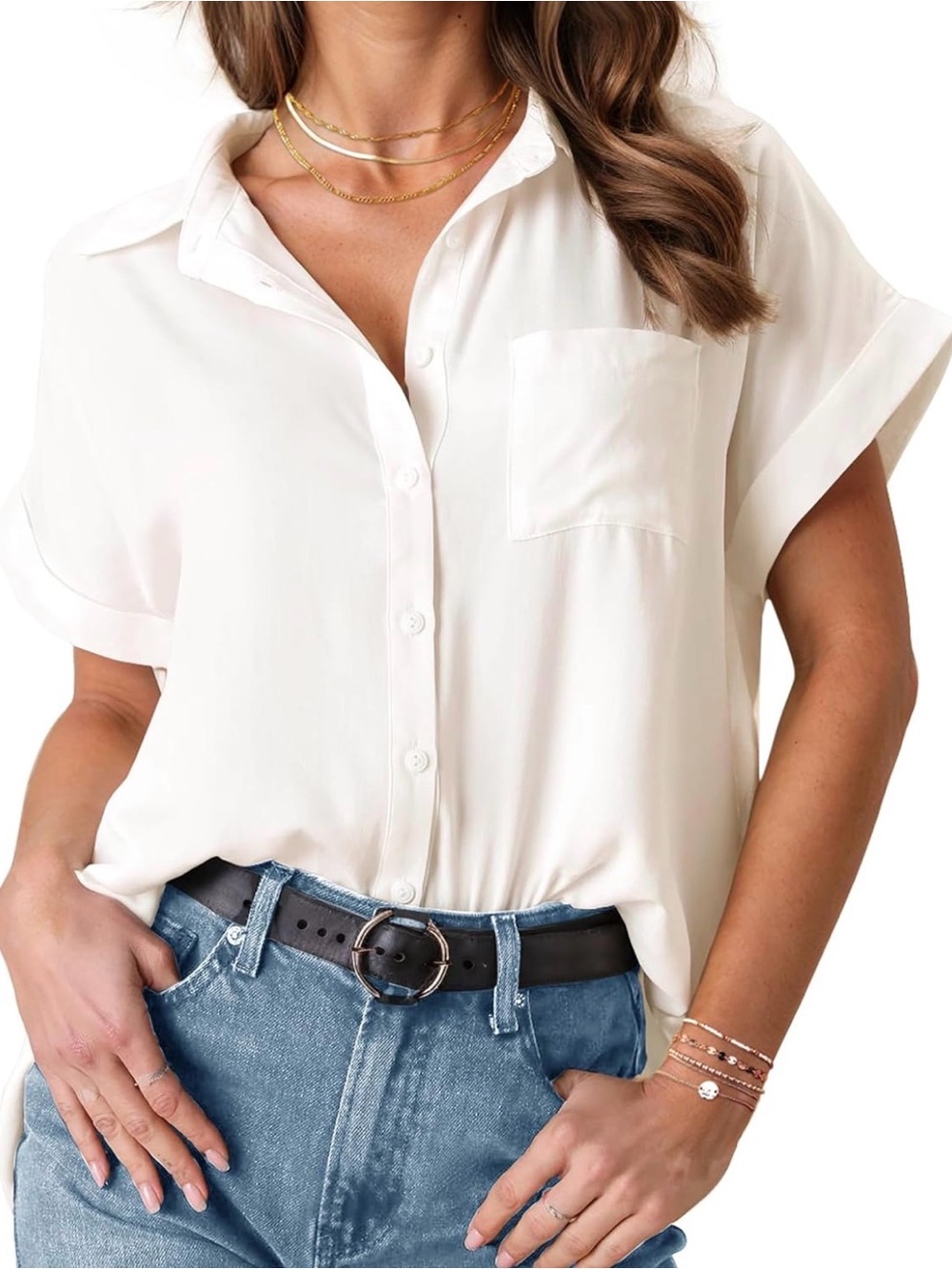Women's White Short-Sleeve Button-Down Shirt with Chest Pocket